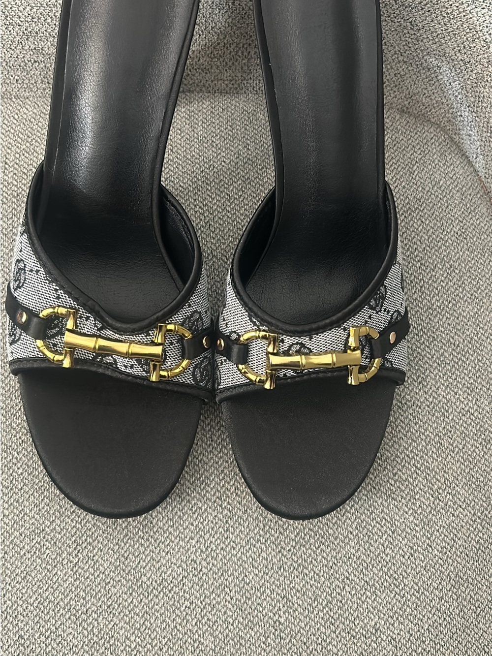 Black Slide Mules with Gold Horsebit Detail